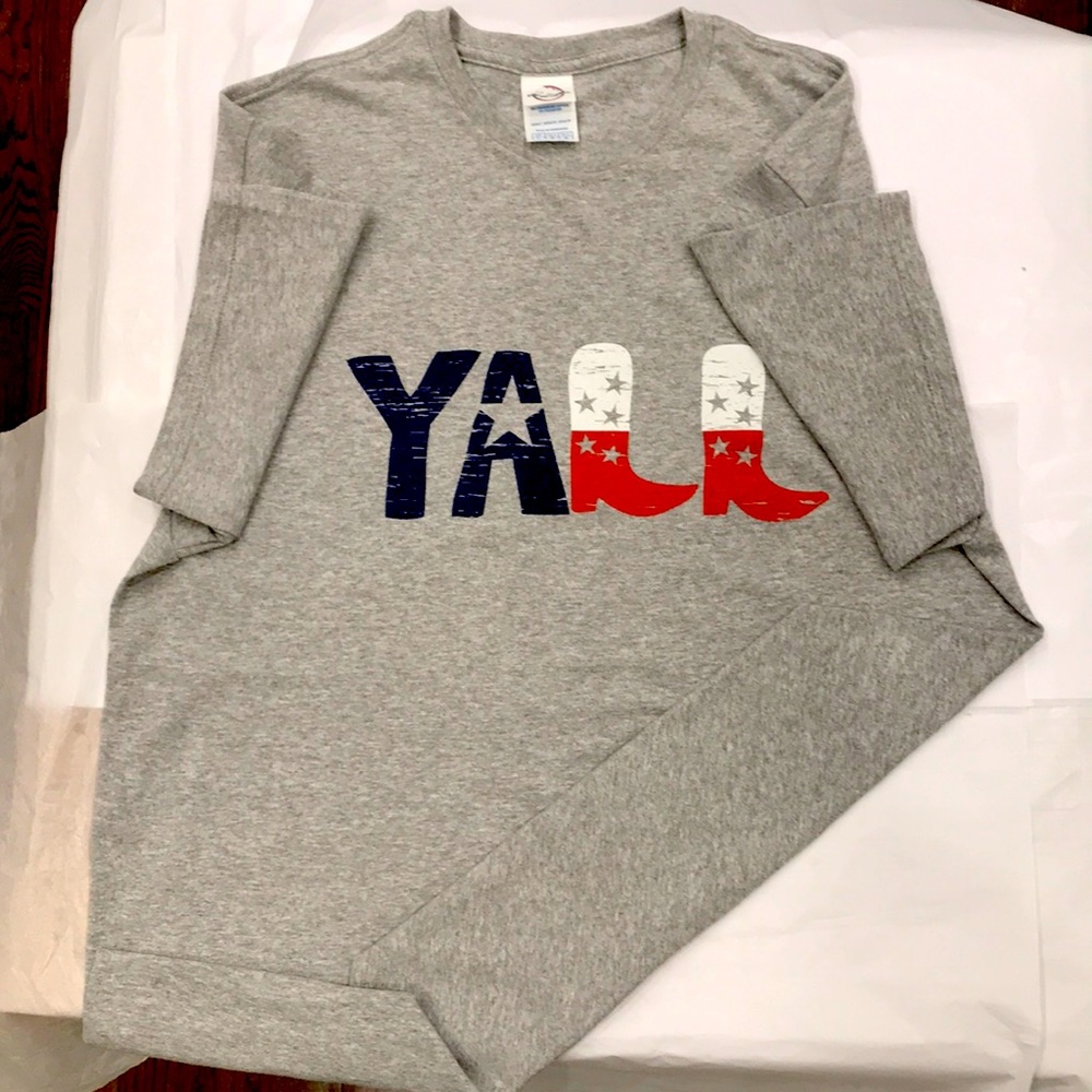 SIZE LARGE “Y A L L” T shirt. L L done n boots🔥nwot.  gray w red/blu/whiteSTARS